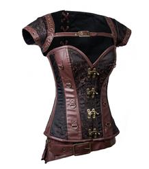 Steampunk Brown Jacquard Steel Boned Busk Closure Corset with Jacket and belt N10904