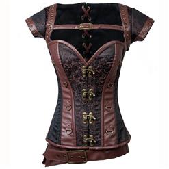 Steampunk Brown Jacquard Steel Boned Busk Closure Corset with Jacket and belt N10904