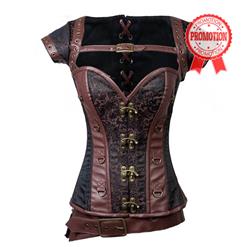 Plus Size Corset, Punk Steel Boned Corset, Vintage Brown Jacquard Outerwear Corset, Halloween Corset, Retro Brown Corset with Jacket, #N10904