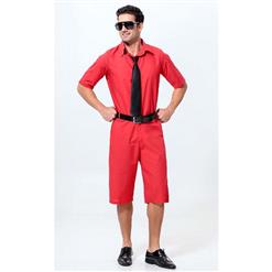 Men's Red Short Sleeves Jumpsuit Suit with Tie and Belt N10928