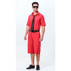 Men's Red Short Sleeves Jumpsuit Suit with Tie and Belt N10928