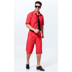 Men's Red Short Sleeves Jumpsuit Suit with Tie and Belt N10928