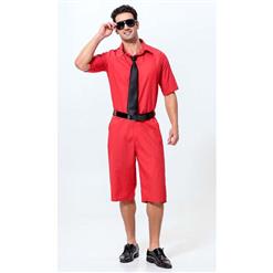 Men's Red Short Sleeves Jumpsuit Suit with Tie and Belt N10928