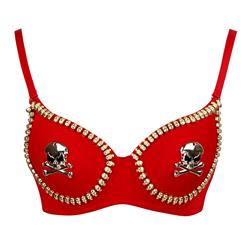 Sexy Red Clubwear Top, Cheap Skull Bones Bra Top, Halloween Bra Top, Gold Club Party Bra Top, B Cups Bra for Women, #N11013