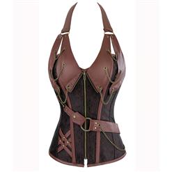 Cheap Steel Boned Corset, Vintage Brown Halter Corset, Women's Bustier Corset, Retro Leather Corset for Women.Steampunk Corset Steel Boned, Plus Size Corset, #N11082