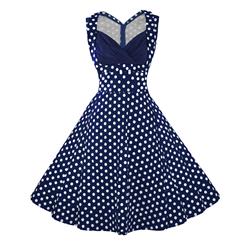 Women's 1950's Vintage Blue Polka Dot Cut Out V-Neck Casual Party Cocktail Dress N11094