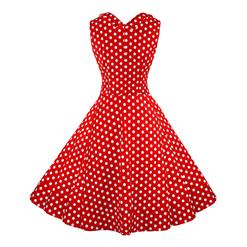 Women's 1950's Vintage Red Polka Dot Cut Out V-Neck Casual Party Cocktail Dress N11095