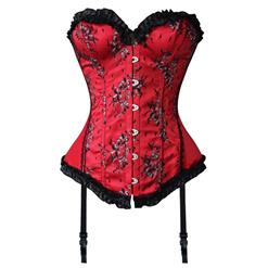 Sexy Red Satin Floral Brocade Burlesque Strapless Bustier Overbust Corset N1132