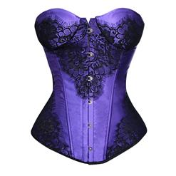 Sexy Purple Satin Strapless Floral Lace Overlay Overbust Corset N1139