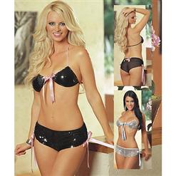 Erotic Women's Black Sequin See-Through Mesh Bras Top Set N1144