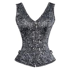 Vested Brocade Gothic Overbust Corset, Steel Boned Corset, Steampunk Corset Vest for Women, Gothic Black Dupion Thick Strap Overbust Corset, #N11458
