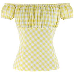 Sexy Yellow Plaid Short Sleeve Off Shoulder T-shirt N12176