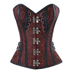 Black Jacquard Weave Corse, Steampunk Black Steel Bone Corset, Gothic Brocade Overbust Corset, Faux Leather and Brocade Overbust Corset, Cheap Outwear Corset, #N12422