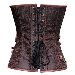 Retro Brown Jacquard Buckle Overbust Corset&Faux Leather Pant Set N12752