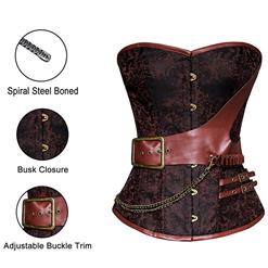 Retro Brown Jacquard Buckle Overbust Corset&Faux Leather Pant Set N12752