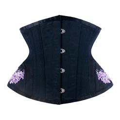 Vintage Black Steel Boned Cotton Embroidery Waist Cincher Underbust Corset N12595