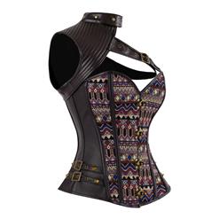 Steampunk Goth Dark Brown Steel Boned Jacquard One-shoulder Leather Corset N12597