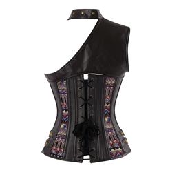 Steampunk Goth Dark Brown Steel Boned Jacquard One-shoulder Leather Corset N12597