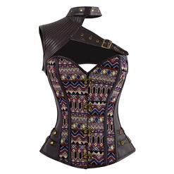 Steampunk Goth Dark Brown Steel Boned Jacquard One-shoulder Leather Corset N12597