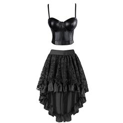 Sexy Faux Leather Bustier Bra and Lace and Satin High-low Skirt Set N12853