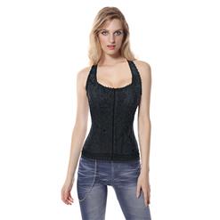 Fashion Elegant Black Halter Satin Jacquard Weave Lace Edge Corset N12858