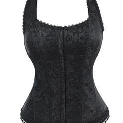 Fashion Elegant Black Halter Satin Jacquard Weave Lace Edge Corset N12858