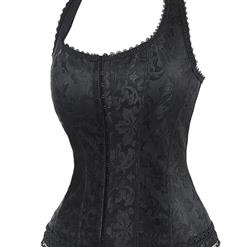 Fashion Elegant Black Halter Satin Jacquard Weave Lace Edge Corset N12858