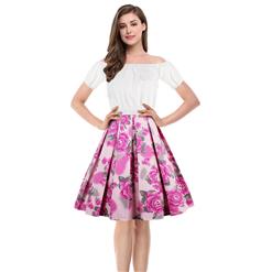 Women's T-shirt and Skirt Set, Vintage T-shirt Skirt Set, Short Sleeve T-shirt and Plaid Skirt Set, Floral Print Skirt Set, #N13042