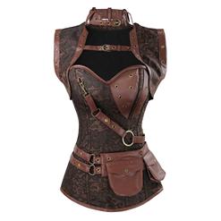 Steampunk Brown Jacquard Corset with Jacket and Vintage Satin Skirt Set N13046