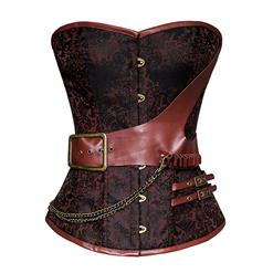 Retro Brown Jacquard Buckle Overbust Corset and Vintage Satin Skirt Set N13048