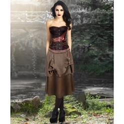 Retro Brown Jacquard Buckle Overbust Corset and Vintage Satin Skirt Set N13048