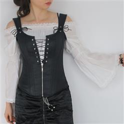 Victorian Ruffle Off Shoulder Lace Blouse Top Tunic with Punk Faux Lace Up Vest Corset N13071