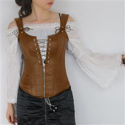 Victorian Ruffle Off Shoulder Lace Blouse Top Tunic with Punk Faux Lace Up Vest Corset N13072