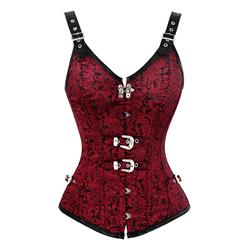 Vested Brocade Gothic Overbust Corset, Steel Boned Corset, Steampunk Corset Vest for Women, Gothic Black Strap Overbust Corset, #N13090