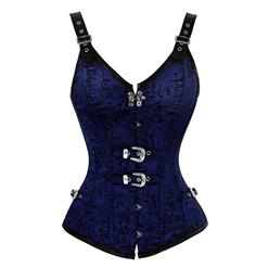 Vested Brocade Gothic Overbust Corset, Steel Boned Corset, Steampunk Corset Vest for Women, Gothic Black Strap Overbust Corset, #N13091