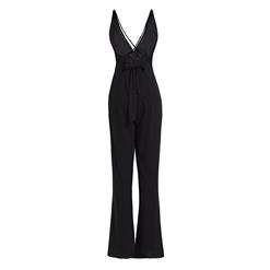 Elegant Women's Black V Neck Backless Braces Wide Legs Jumpsuit N14057