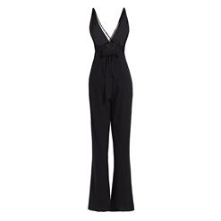 Elegant Women's Black V Neck Backless Braces Wide Legs?Jumpsuit N14057