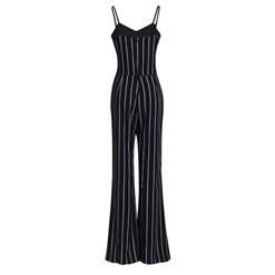 Elegant Women's Black Stripe Sweetheart Neck Braces Wide Legs?Jumpsuit N14058