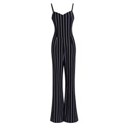 Elegant Women's Black Stripe Sweetheart Neck Braces Wide Legs?Jumpsuit N14058