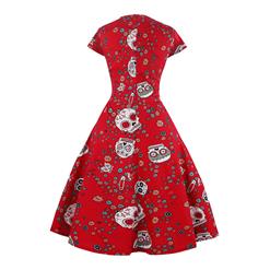 Fashion Classical Vintage Women Cap Sleeves Floral Skull Print Swing Dress N14075