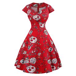 Fashion Classical Vintage Women Cap Sleeves Floral Skull Print Swing Dress N14075