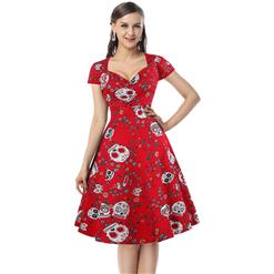 Fashion Classical Vintage Women Cap Sleeves Floral Skull Print Swing Dress N14075