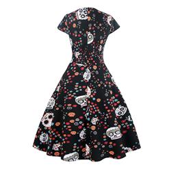 Classical Vintage Sweet Women Cap Sleeves Floral Skull Spot Print Swing Dress N14090