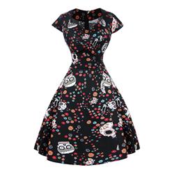 Classical Vintage Sweet Women Cap Sleeves Floral Skull Spot Print Swing Dress N14090