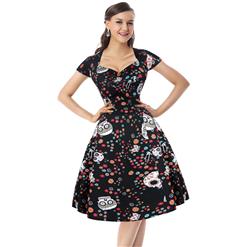 Classical Vintage Sweet Women Cap Sleeves Floral Skull Spot Print Swing Dress N14090