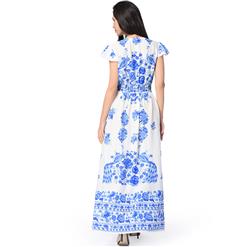 Graceful Cap Flounce Sleeves Floral Print Pleats Summer Beach Maxi Dress N14099