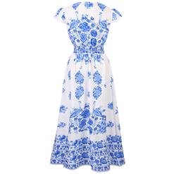 Graceful Cap Flounce Sleeves Floral Print Pleats Summer Beach Maxi Dress N14099