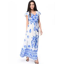 Graceful Cap Flounce Sleeves Floral Print Pleats Summer Beach Maxi Dress N14099