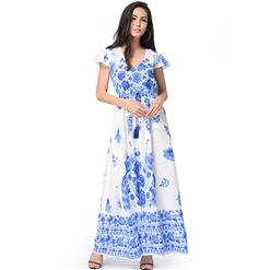 Graceful Cap Flounce Sleeves Floral Print Pleats Summer Beach Maxi Dress N14099