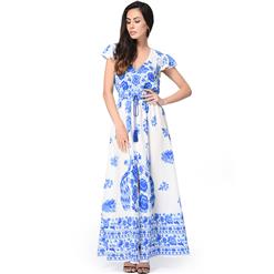 Graceful Cap Flounce Sleeves Floral Print Pleats Summer Beach Maxi Dress N14099